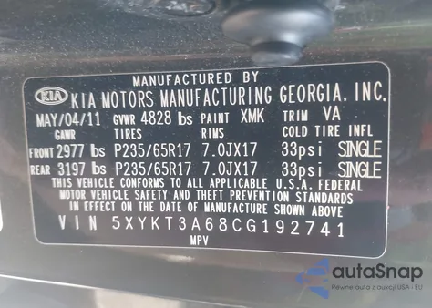 2012 Kia Sorento Lx from USA, damaged, VIN 5XYKT3A68CG192741